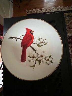 Red Cardinal Decorative Plate with Dogwood Floral Design